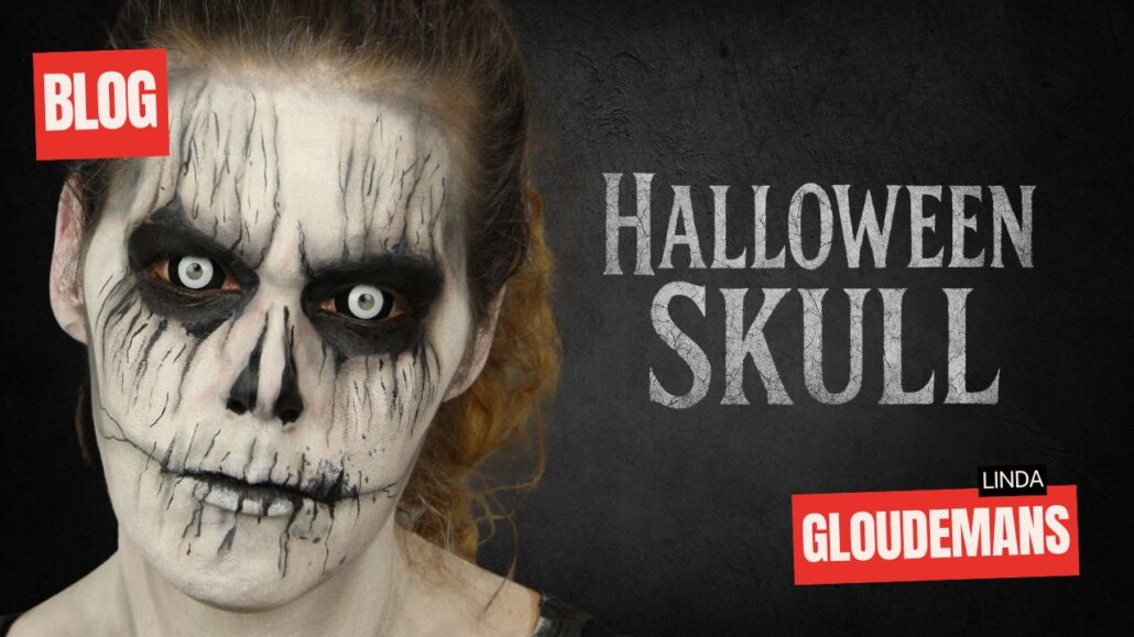 Halloween Skull schminkvoorbeeld met witte en zwarte schmink, ontworpen door Linda Gloudemans – verkrijgbaar bij SchminkenGrime.nl