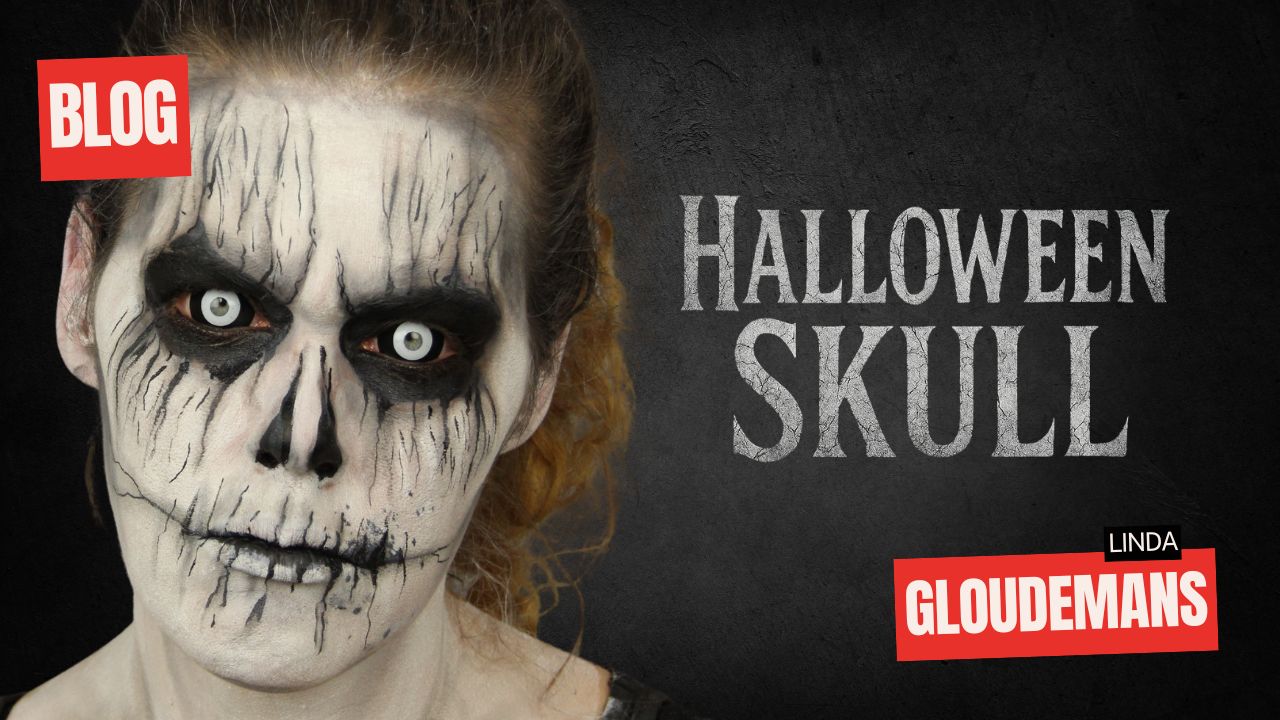 Halloween Skull schminkvoorbeeld met witte en zwarte schmink, ontworpen door Linda Gloudemans – verkrijgbaar bij SchminkenGrime.nl