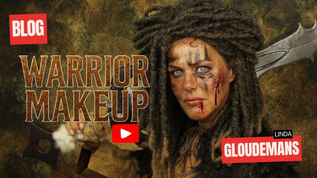 Warrior makeup look met special effects schmink, gedragen door een vrouw met dreadlocks, zwaard en bloedige wond – verkrijgbaar bij SchminkenGrime.nl