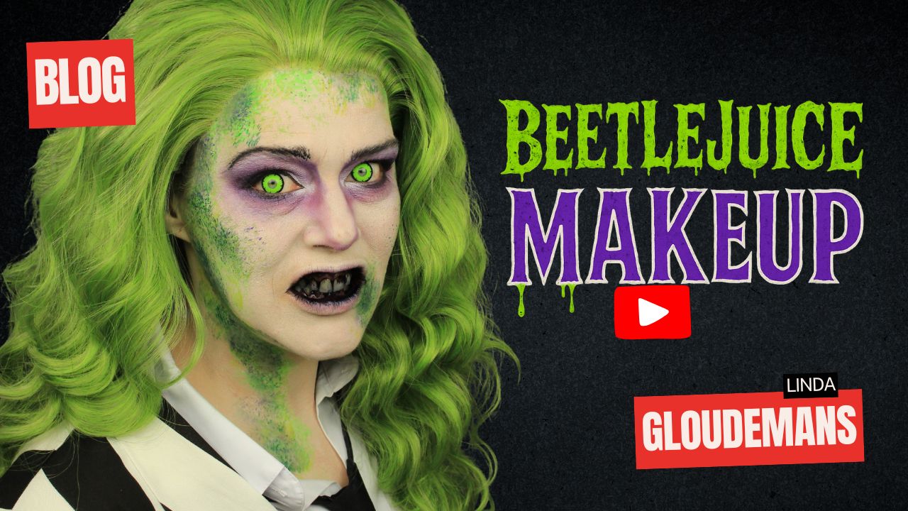 Beetlejuice makeup Halloween tutorial met groene pruik, paarse ogen en zwarte mond, stap-voor-stap uitgelegd, verkrijgbaar bij SchminkenGrime.nl