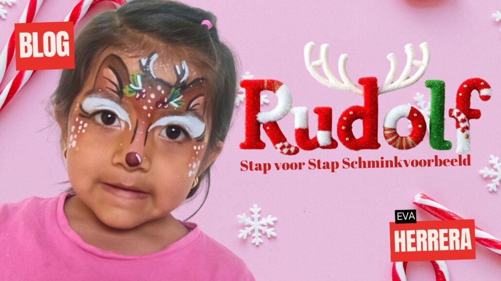 Kind met Rudolf schmink op het gezicht, inclusief witte, bruine en rode details, kerstdecoraties zoals rendiergeweien en sneeuwvlokken op een roze achtergrond met suikerstokken.