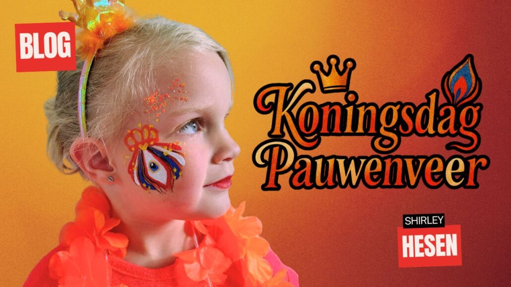 Koningsdag schminkidee: Kleurrijke pauwenveer met kroontje