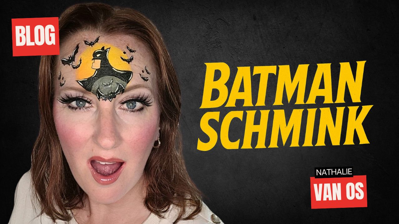 Batman schmink voorbeeld met vleermuizen en zonsondergang, ontworpen door Nathalie van Os – verkrijgbaar bij SchminkenGrime.nl