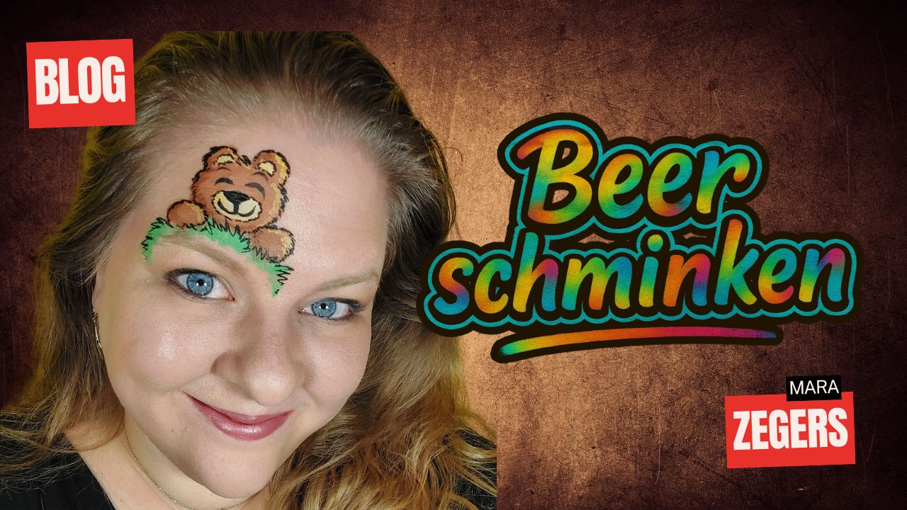 Vrolijk beer schminkvoorbeeld op het voorhoofd, ontworpen door Mara Zegers, verkrijgbaar bij SchminkenGrime.nl