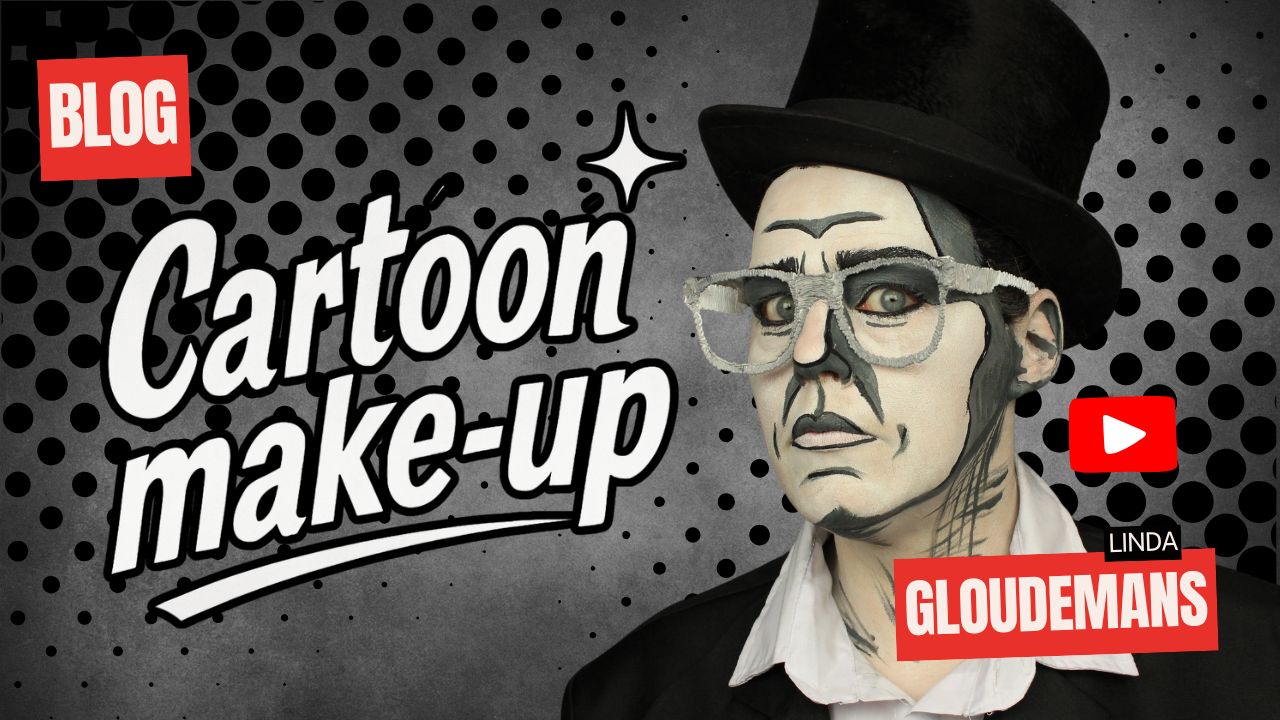 Cartoon make-up voorbeeld met zwart-wit schmink, Linda Gloudemans, verkrijgbaar bij SchminkenGrime.nl