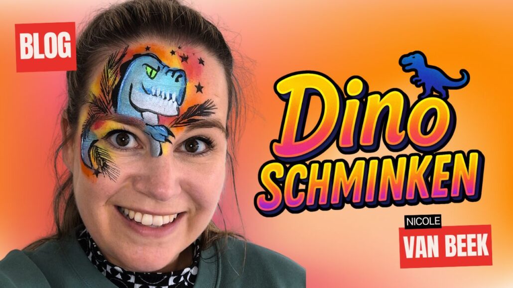 Dino schminken voorbeeld met blauw dinosaurushoofd en zonsondergang, ontworpen door Nicole van Het Toverpenseel – verkrijgbaar bij SchminkenGrime.nl