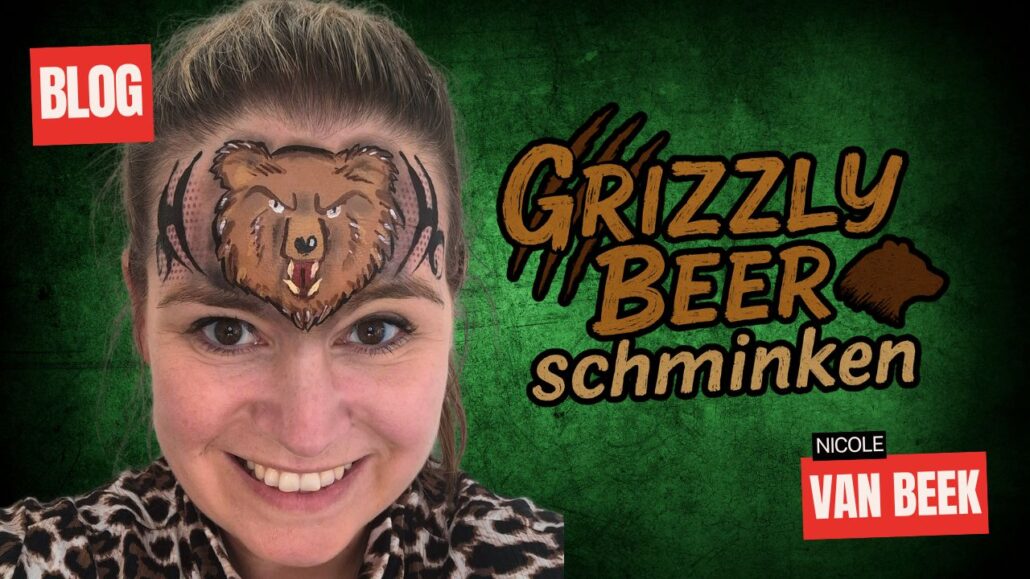 Grizzly Beer schminkontwerp op voorhoofd, ontworpen door Nicole van Beek, verkrijgbaar bij SchminkenGrime.nl