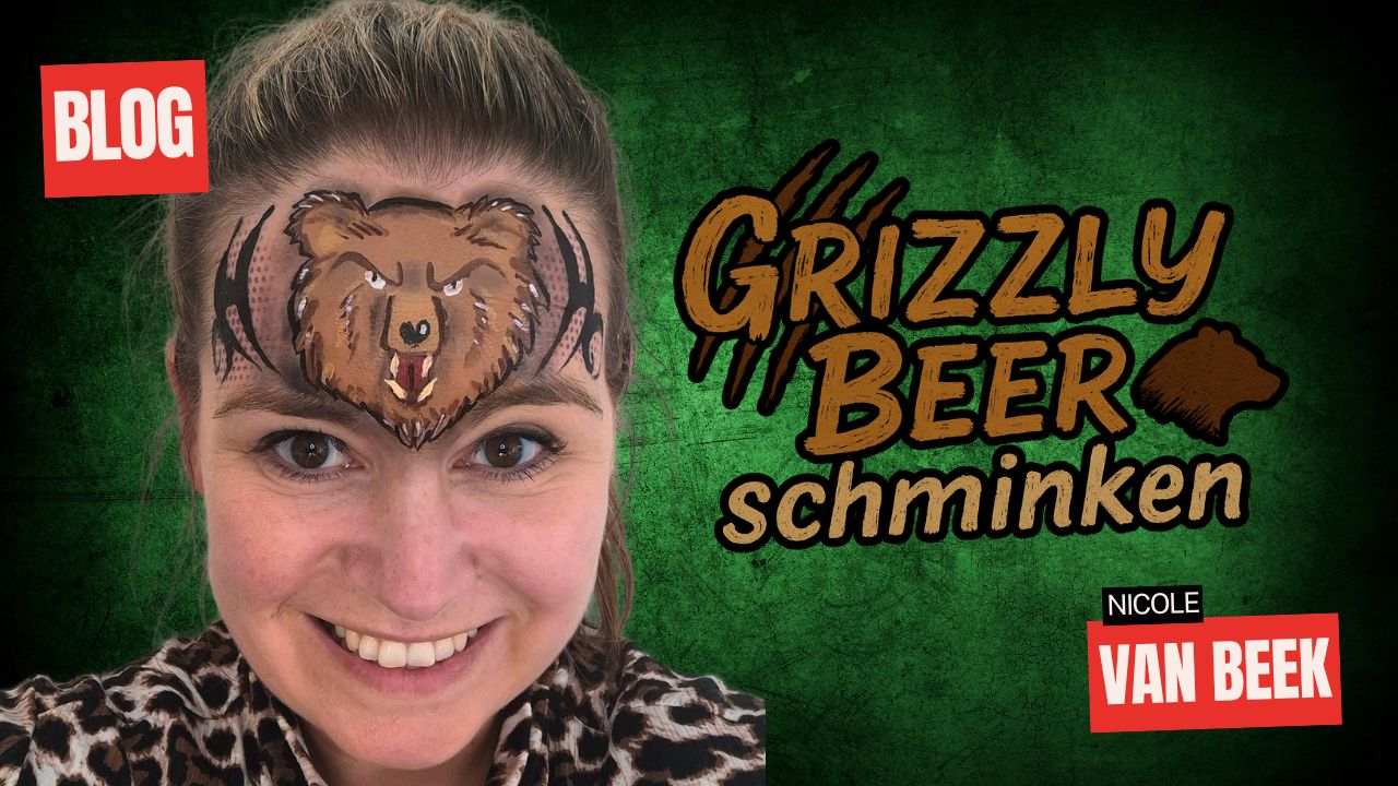Grizzly Beer schminkontwerp op voorhoofd, ontworpen door Nicole van Beek, verkrijgbaar bij SchminkenGrime.nl