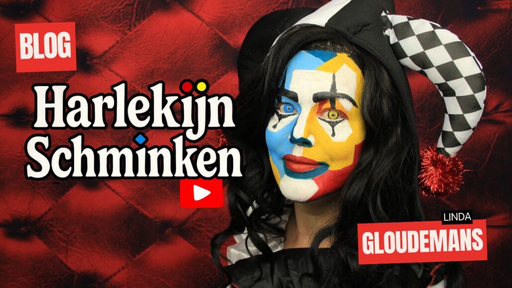 Harlekijn schmink voorbeeld met kleurrijke schmink, gemaakt door Linda Gloudemans, verkrijgbaar bij SchminkenGrime.nl