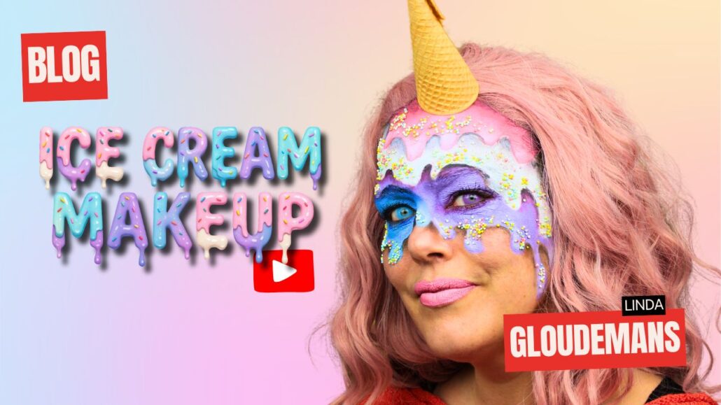 Ice cream makeup look met roze pruik en ijshoorntje, kleurrijke schmink met sprinkles – verkrijgbaar bij SchminkenGrime.nl