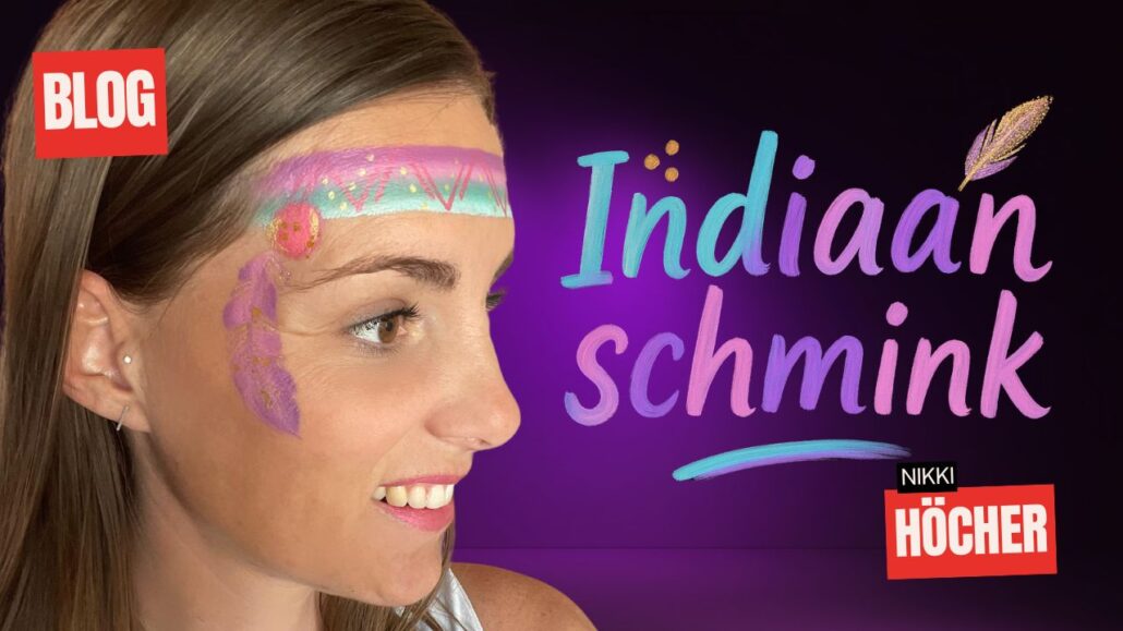 Indiaan schmink voorbeeld met veertje in pastelkleuren – makkelijk ontwerp voor kinderen, verkrijgbaar bij SchminkenGrime.nl