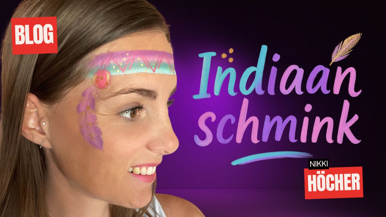 Indiaan schmink voorbeeld met veertje in pastelkleuren – makkelijk ontwerp voor kinderen, verkrijgbaar bij SchminkenGrime.nl