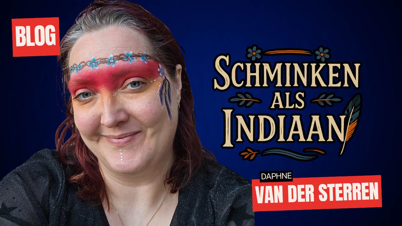 Schminken als Indiaan voorbeeld met bloemen en veren, ontwerp door Daphne van der Sterren, verkrijgbaar bij SchminkenGrime.nl