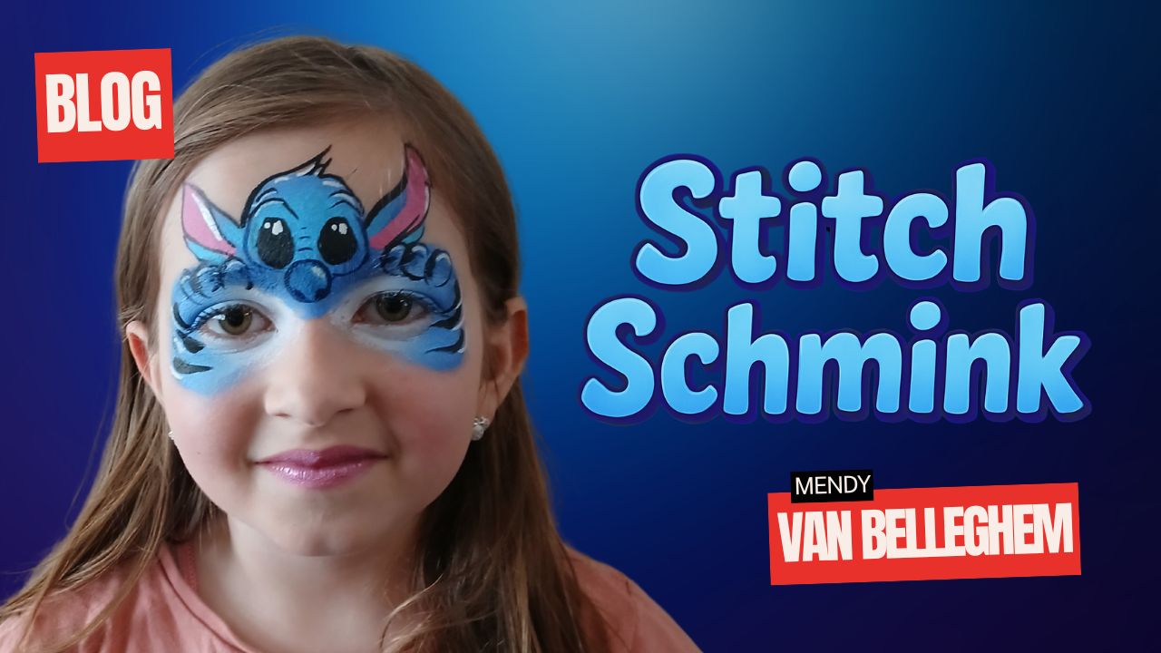 Stitch schmink voorbeeld op meisje, vrolijke facepaint look met blauw en roze, verkrijgbaar bij SchminkenGrime.nl