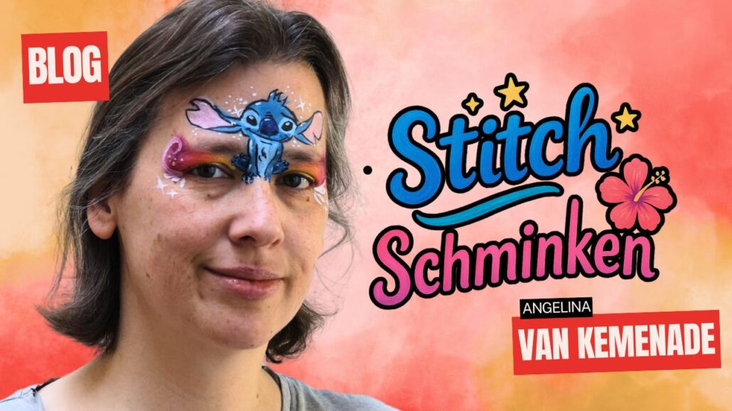 Stitch schminkvoorbeeld op het gezicht van een vrouw, ontworpen door Angelina van Kemenade – verkrijgbaar bij SchminkenGrime.nl