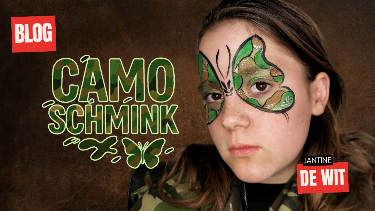 Camo schmink voorbeeld met vlinderdesign, geschminkt door Jantine de Wit, verkrijgbaar bij SchminkenGrime.nl