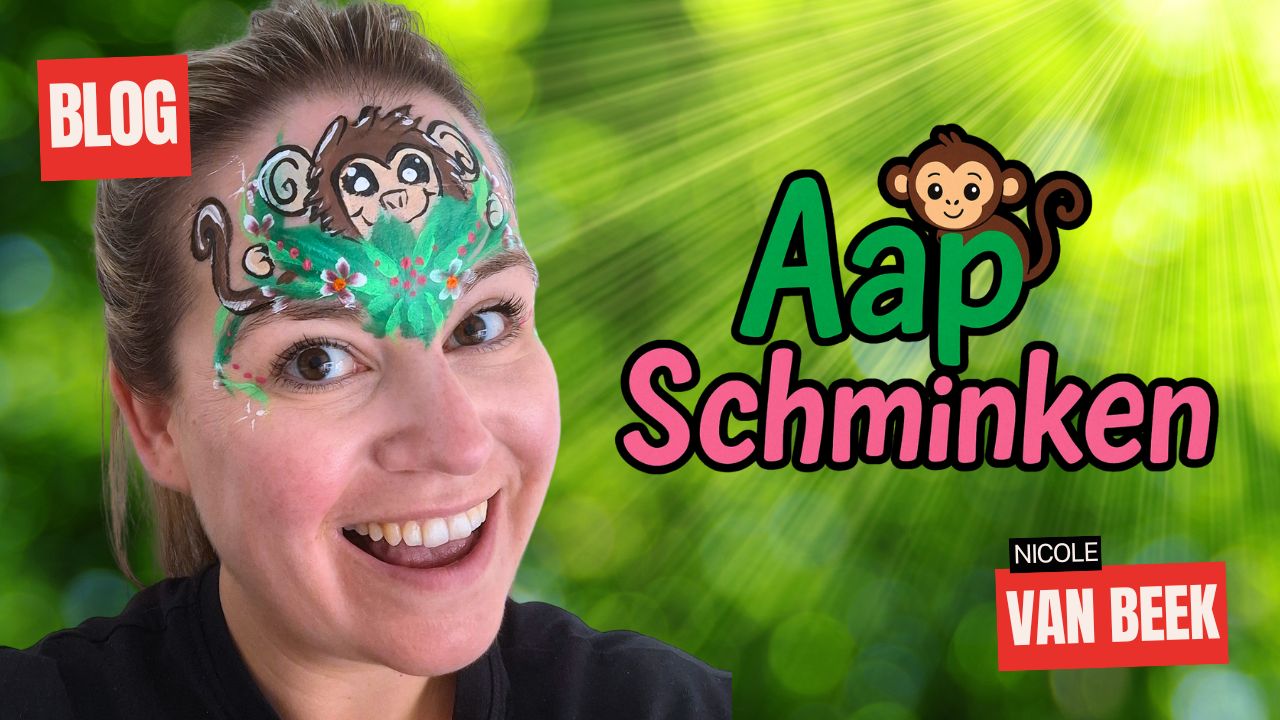 Aap schminken voorbeeld met jungle bladeren en bloemen – verkrijgbaar bij SchminkenGrime.nl