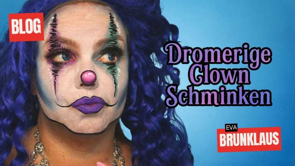 Dromerige clown schminklook met paarse pruik en kleurrijke make-up, voorbeeld van Eva Brunklaus, verkrijgbaar bij SchminkenGrime.nl
