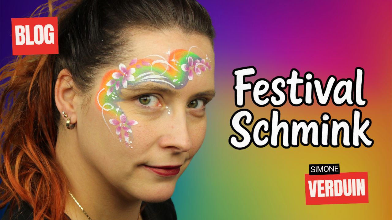 Festival schmink voorbeeld met bloemen en regenboog – kleurrijke look van Simone Verduin, verkrijgbaar bij SchminkenGrime.nl
