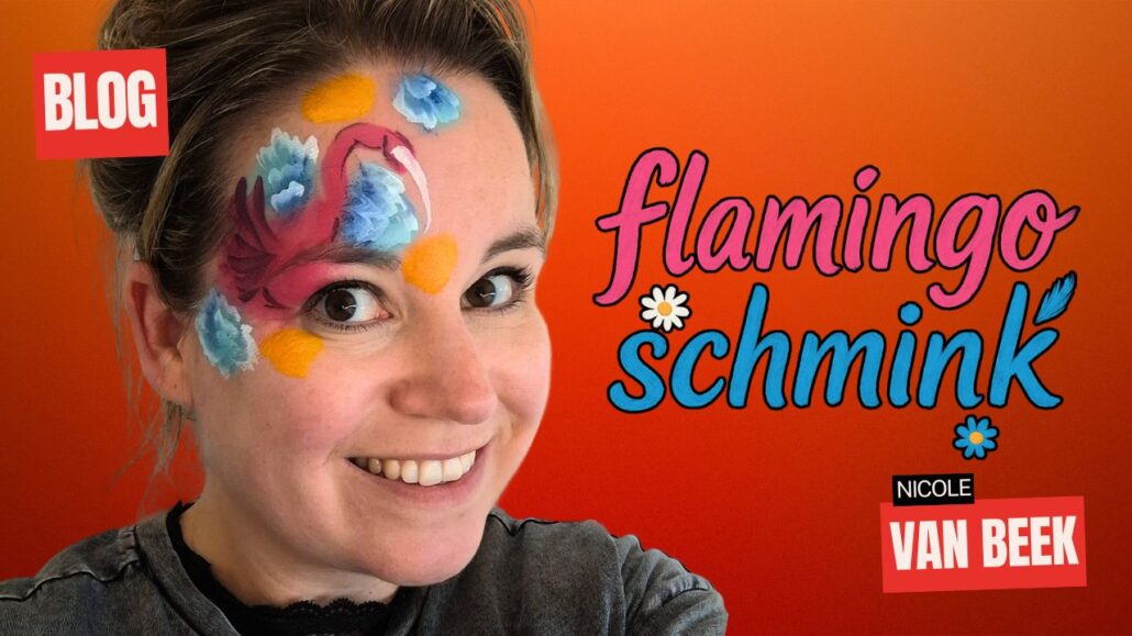Flamingo schmink voorbeeld met bloemen, zomerse gezichtsschmink door Nicole van Beek, verkrijgbaar bij SchminkenGrime.nl