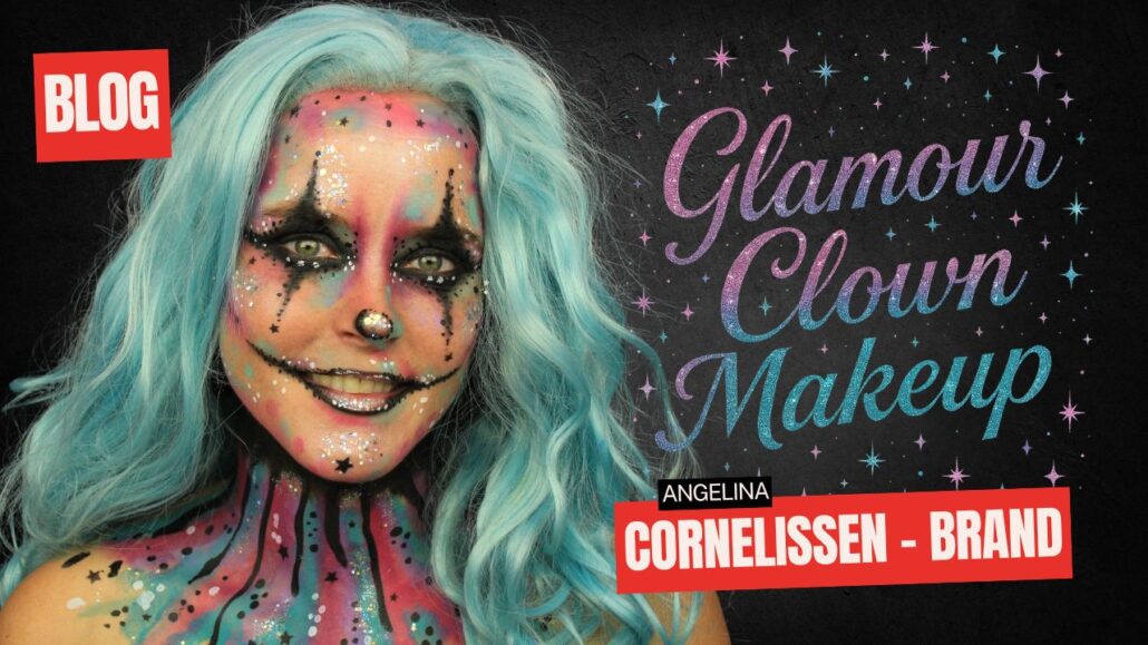 Glamour clown schmink met pasteltinten, glitters en sterren, voorbeeld van een creatief clown schminkontwerp – verkrijgbaar bij SchminkenGrime.nl