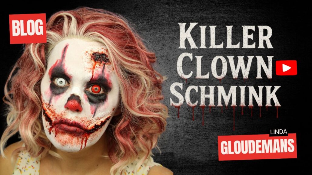 Killer Clown Schmink voorbeeld met nepwonden en vet schmink, verkrijgbaar bij SchminkenGrime.nl