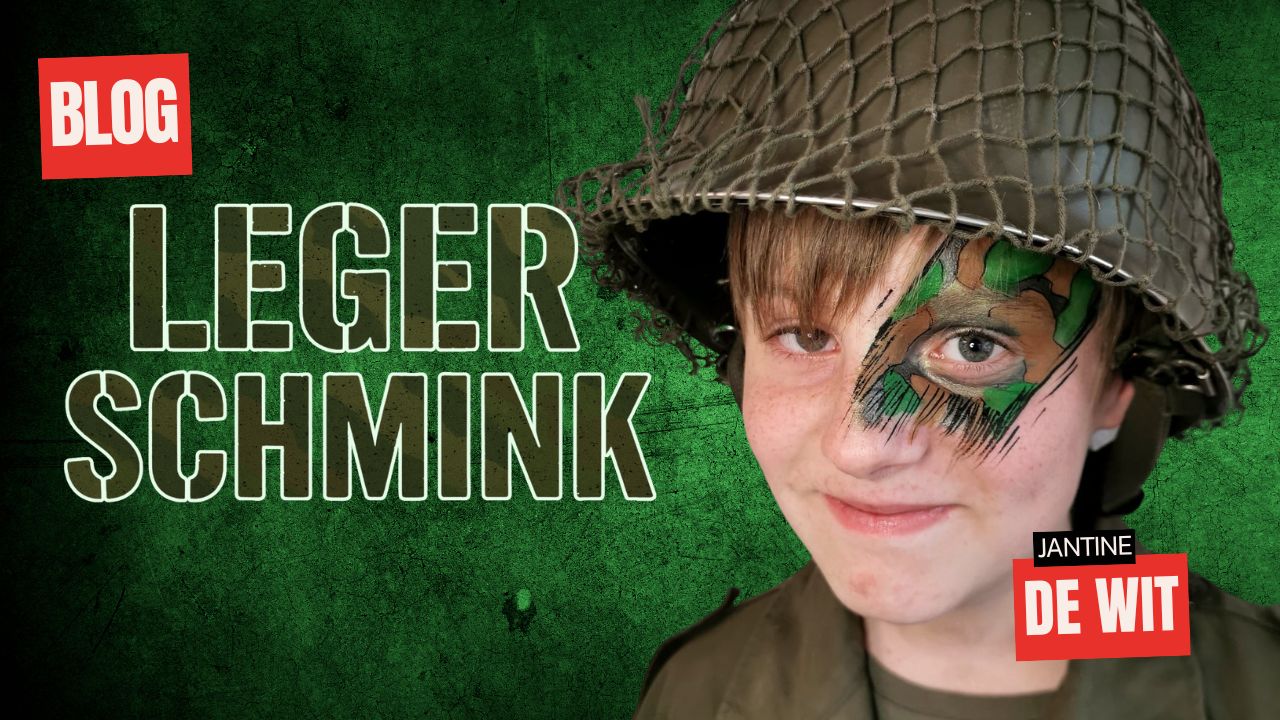 Stoere leger schmink look voor jongens met camouflage patroon, verkrijgbaar bij SchminkenGrime.nl