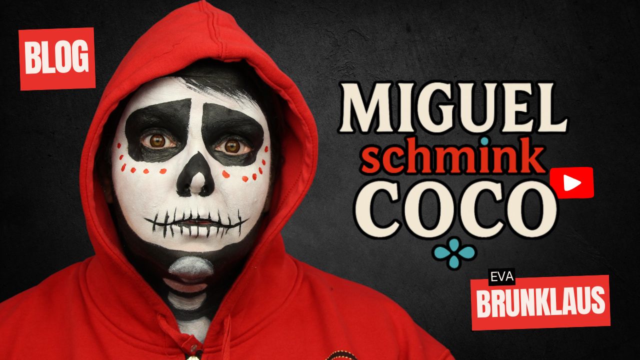 Miguel schmink voorbeeld geïnspireerd op Coco, met rode hoodie en skull make-up, verkrijgbaar bij SchminkenGrime.nl