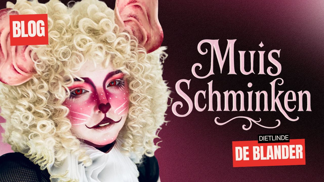Muis schminken voorbeeld van Dietlinde de Blander met krullenpruik, roze schmink en cosplay-details, verkrijgbaar bij SchminkenGrime.nl