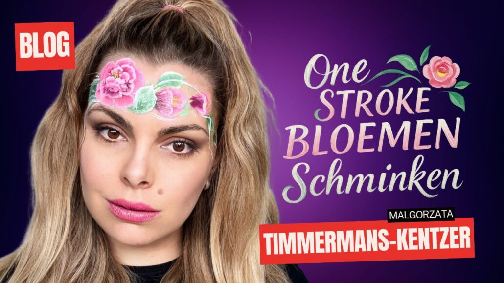 One Stroke bloemen schminken met roze en groene details, eenvoudig voorbeeld voor meiden, verkrijgbaar bij SchminkenGrime.nl
