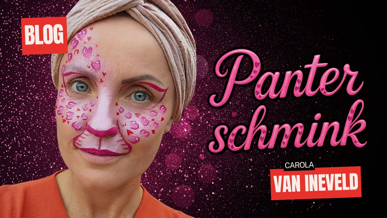 Panter schmink voorbeeld met roze hartjesdesign, gemaakt door Carola van Ineveld, verkrijgbaar bij SchminkenGrime.nl