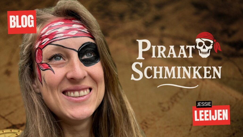 Piraat schminken voorbeeld met ooglapje en rode bandana, ontworpen door Jessie Leeijen, verkrijgbaar bij SchminkenGrime.nl
