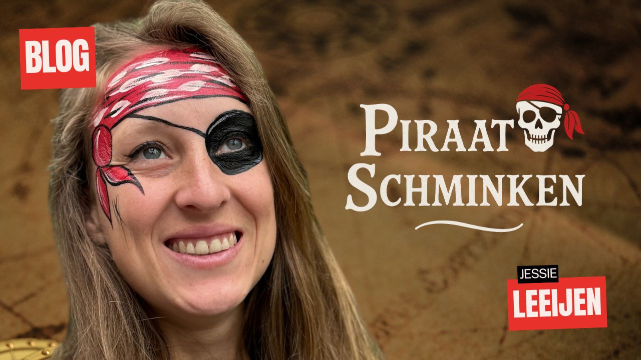 Piraat schminken voorbeeld met ooglapje en rode bandana, ontworpen door Jessie Leeijen, verkrijgbaar bij SchminkenGrime.nl