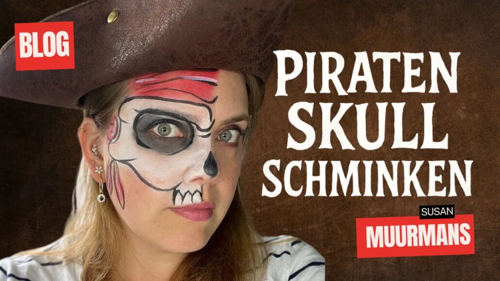 Piraten skull schminken voorbeeld met halve schedel en hoofddoek, geschminkt door Susan Muurmans – verkrijgbaar bij SchminkenGrime.nl