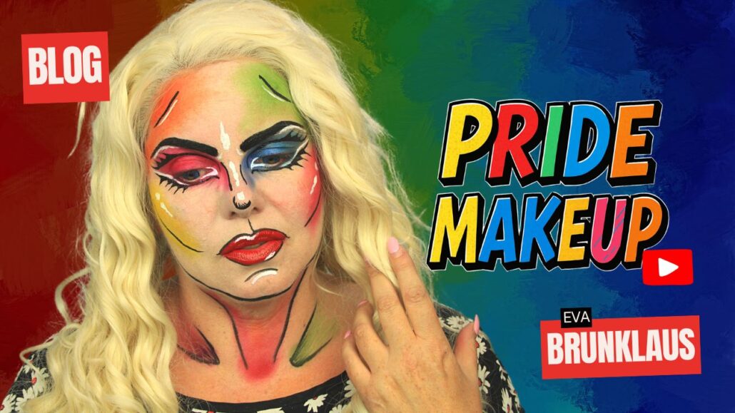 Pride makeup look met pop-art stijl, kleurrijke schmink en regenboogeffect, verkrijgbaar bij SchminkenGrime.nl