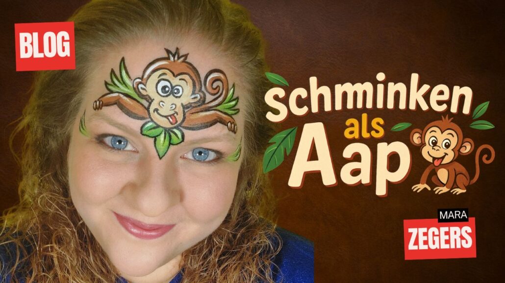 Vrolijk schminkvoorbeeld van een aap op het voorhoofd, stap voor stap uitgelegd in de blog van SchminkenGrime.nl
