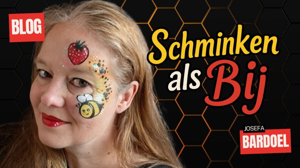 Schminken als bij met aardbei en vrolijke bij op de wang, voorbeeld van schminkontwerp voor kinderen, verkrijgbaar bij SchminkenGrime.nl