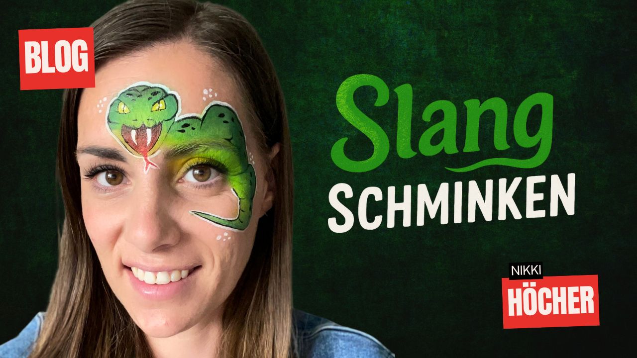 Slang schminken voorbeeld met groen ontwerp op gezicht, makkelijk idee voor kinderen – gemaakt door Nikki Schminkt, verkrijgbaar bij SchminkenGrime.nl