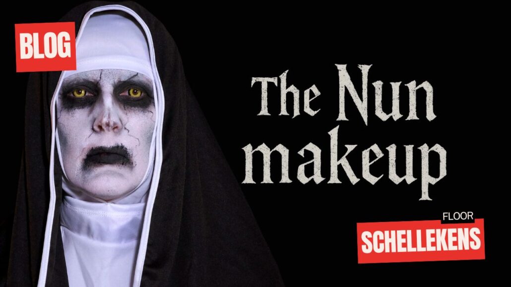 The Nun makeup voorbeeld met Grimas schmink, enge Halloween look – verkrijgbaar bij SchminkenGrime.nl