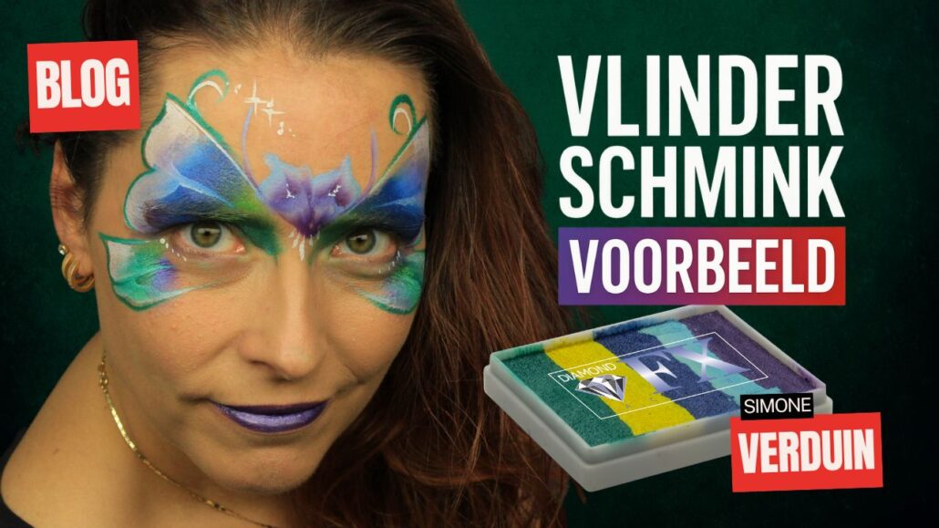 Vlinder schmink voorbeeld met splitcake, geschminkt door Simone Verduin – verkrijgbaar bij SchminkenGrime.nl