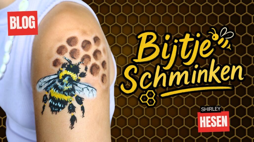 Bijtje schminken voorbeeld met honingraat op arm, gemaakt met producten van SchminkenGrime.nl