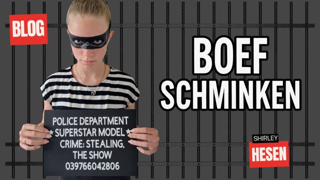 Boef schminken voorbeeld met zwart-wit make-up en tralies, blog van Shirley Hesen – verkrijgbaar bij SchminkenGrime.nl