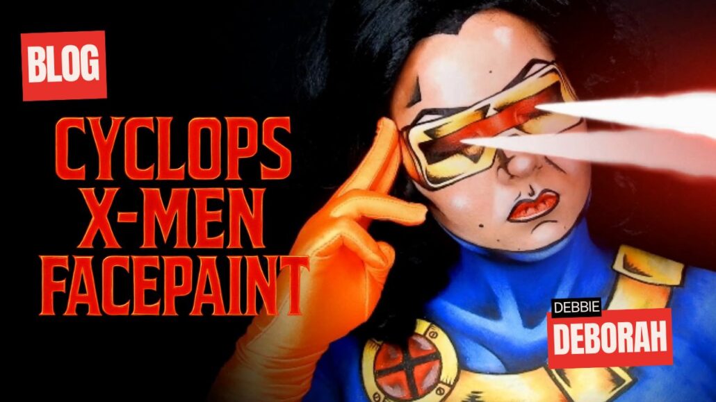 Cyclops X-Men facepaint ontwerp met professionele grime, gemaakt met schmink van SchminkenGrime.nl