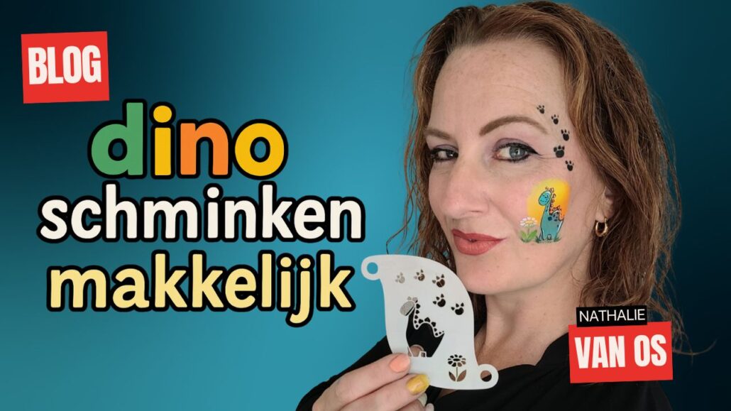 Dino schmink voorbeeld met stencil, makkelijk te maken ontwerp voor kinderen – te zien in de blog van Nathalie van Os op SchminkenGrime.nl