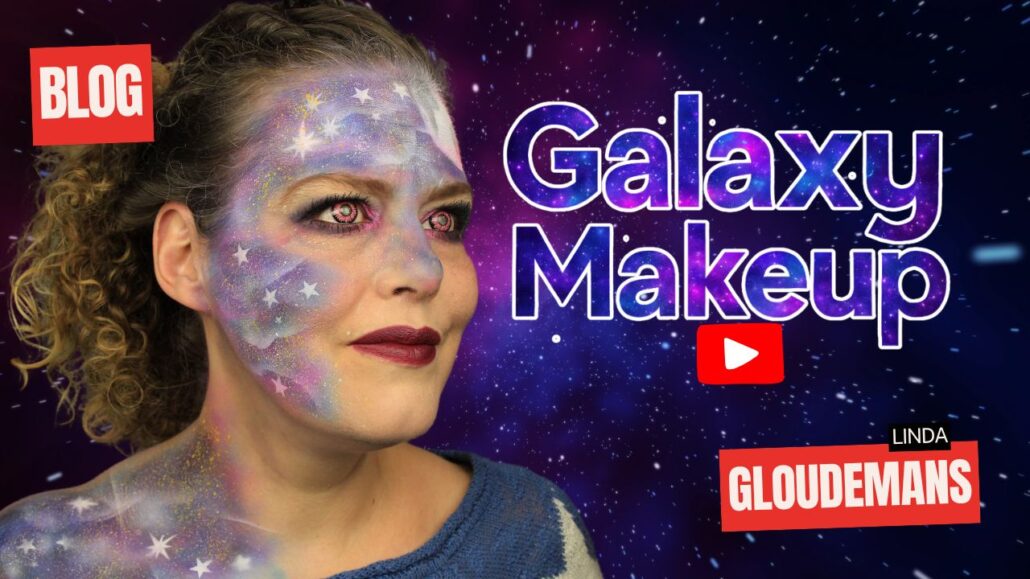 Galaxy Makeup tekstbanner op zwarte achtergrond, ontworpen voor schminkblog over airbrush looks, verkrijgbaar bij SchminkenGrime.nl