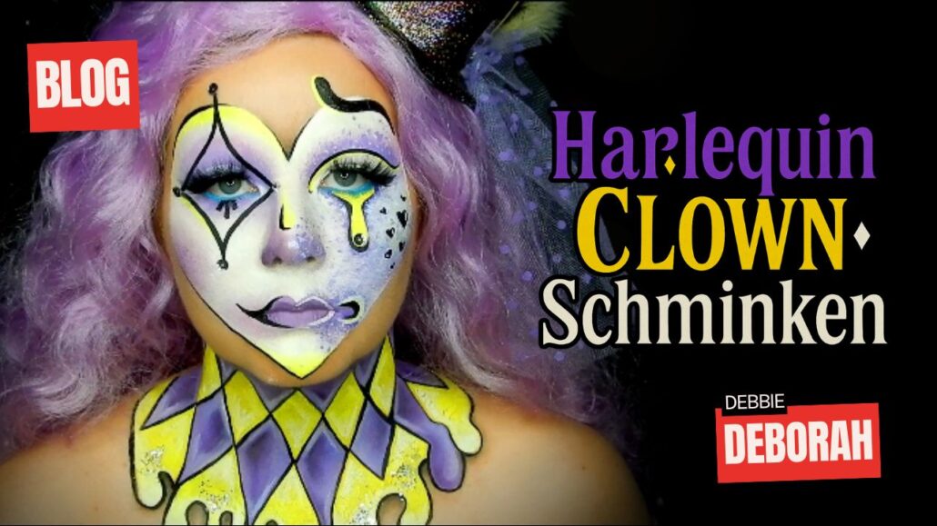 Harlequin clown schmink voorbeeld met paars en geel, stap voor stap uitgelegd op SchminkenGrime.nl