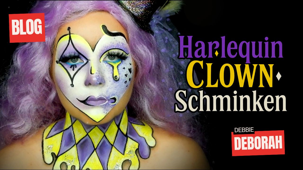 harlequin-clown-schminken-schminkengrime Harlequin clown schmink voorbeeld met paars en geel, stap voor stap uitgelegd op SchminkenGrime.nl