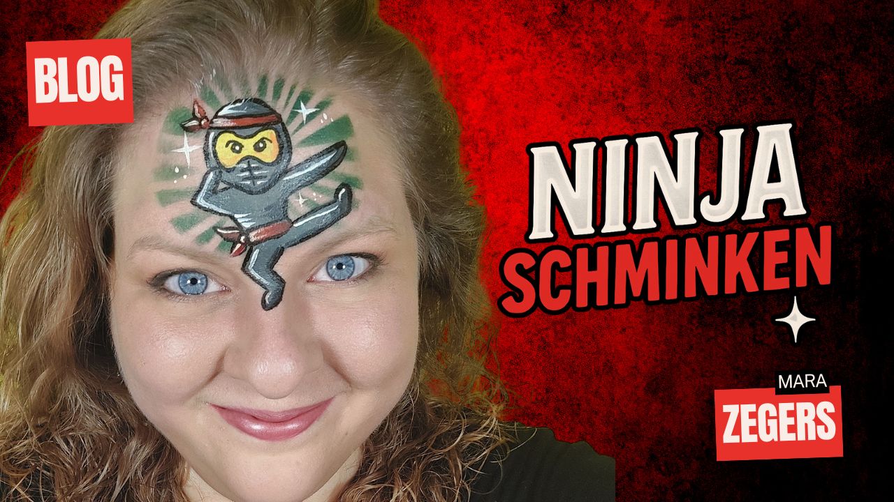 Ninja schminken stap voor stap voorbeeld door Mara Zegers, gezicht met ninja schminkontwerp – verkrijgbaar bij SchminkenGrime.nl