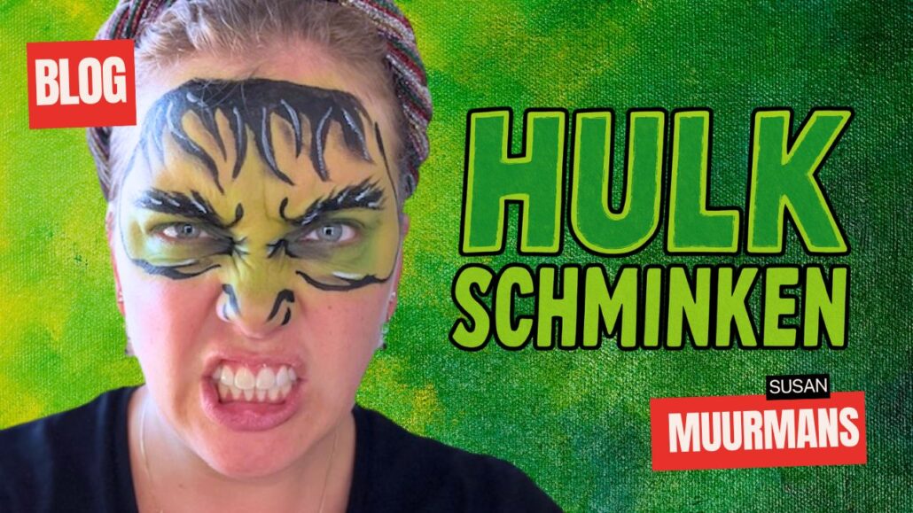 Hulk schmink voorbeeld voor kinderen met groene gezichtsgrime, gemaakt door Susan Muurmans, verkrijgbaar bij SchminkenGrime.nl