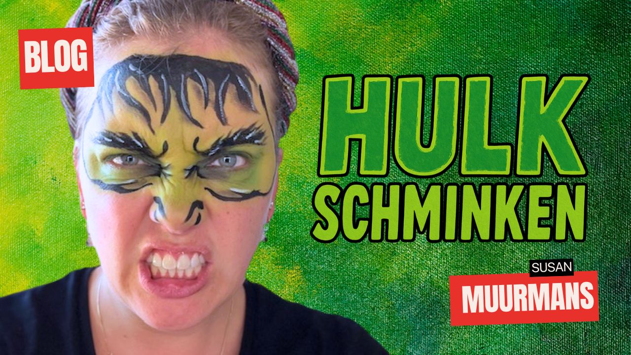 Hulk schmink voorbeeld voor kinderen met groene gezichtsgrime, gemaakt door Susan Muurmans, verkrijgbaar bij SchminkenGrime.nl